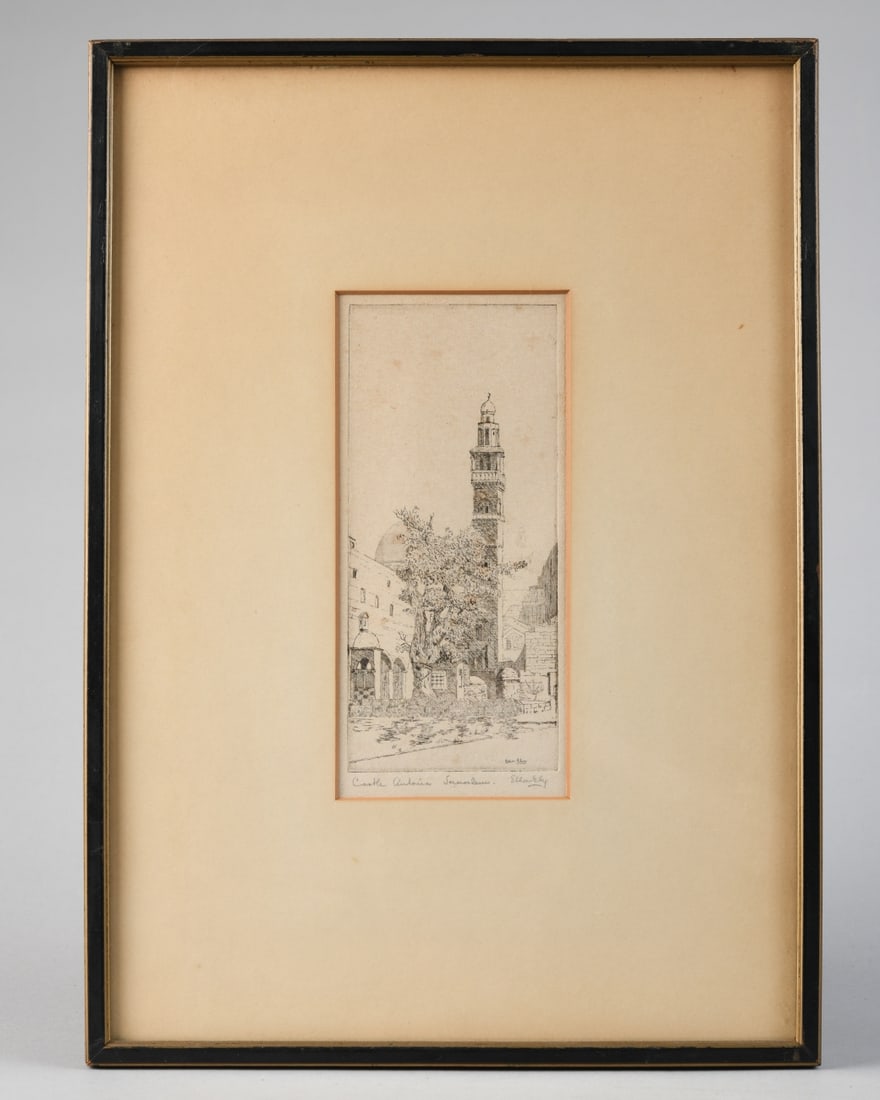 Ella Ely (20th C.) Signed Etching: Castello Antonia, Jerusalem, etching on paper, pencil signed and titled, depicting an architectural view with tower and courtyard. Matted and framed. Visible image: approx. 7 1/2" x 3 1/4". Frame: app