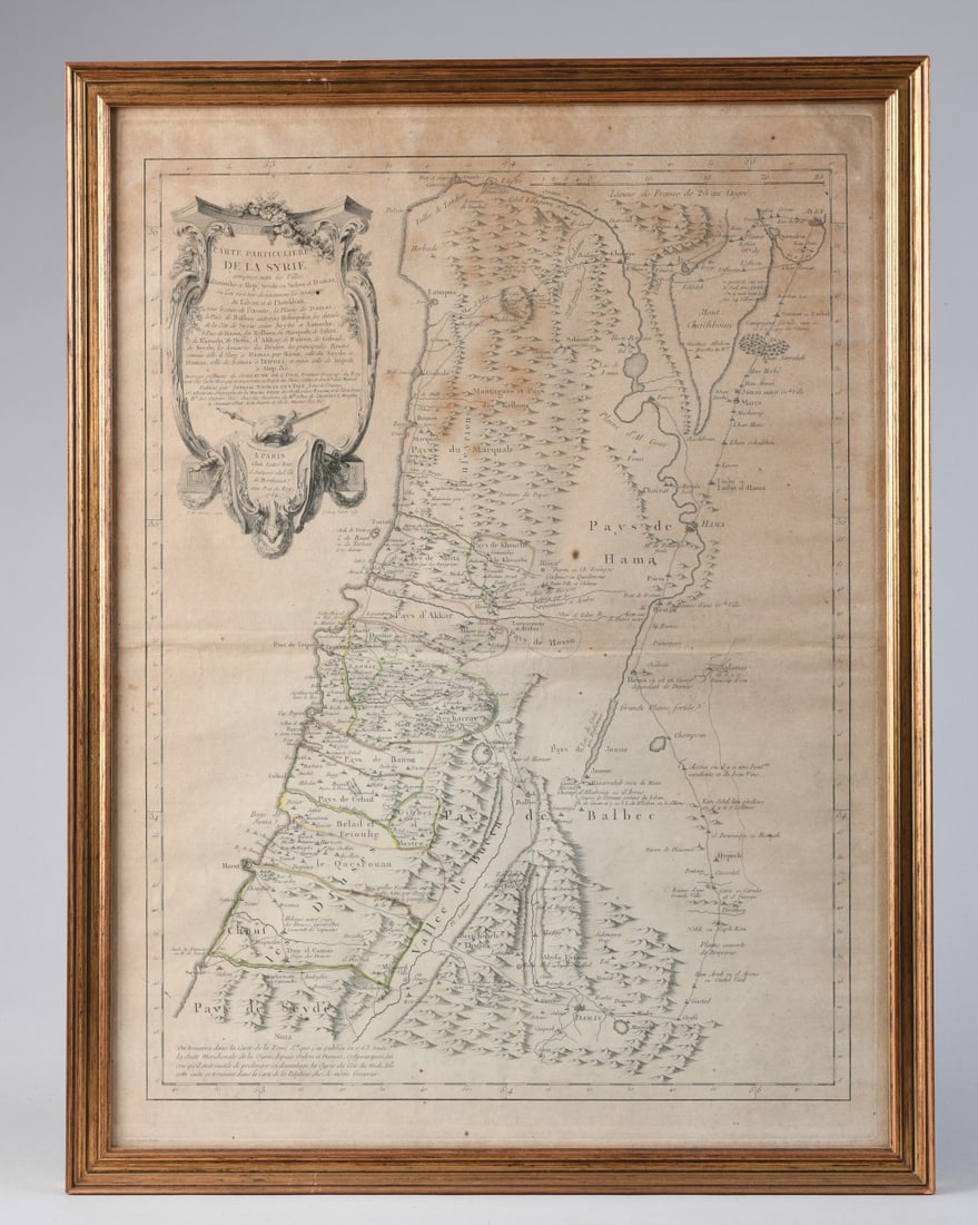 Guillaume De l’Isle Engraving: Carte particuliere de la Syrie, a detailed map of Syria and the Levant after De l’Isle, extending from Antioch to Damascus and Sidon, with mountainous topography, river systems, and extensive place