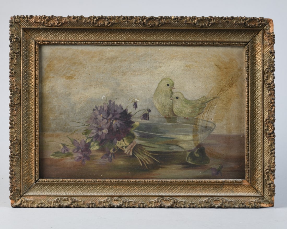 Late 19th / Early 20th C. Oil on Canvas: Continental School still life with birds and flowers, unsigned, framed, some damage to frame. Visible image: approx. 11 3/8" x 7 3/8". Frame: approx. 14 1/2" x 10 1/2".Our primary recommendation is