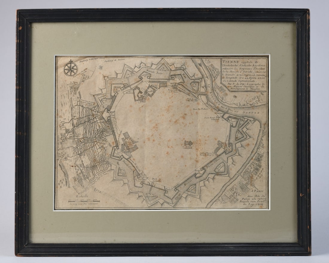 N. de Fer (after). Plan of Vienna: Engraving on paper, early 18th century (dated 1704), a detailed fortified plan of Vienna along the Danube, with extensive bastions, labeled defenses, and surrounding topography, with title cartouche