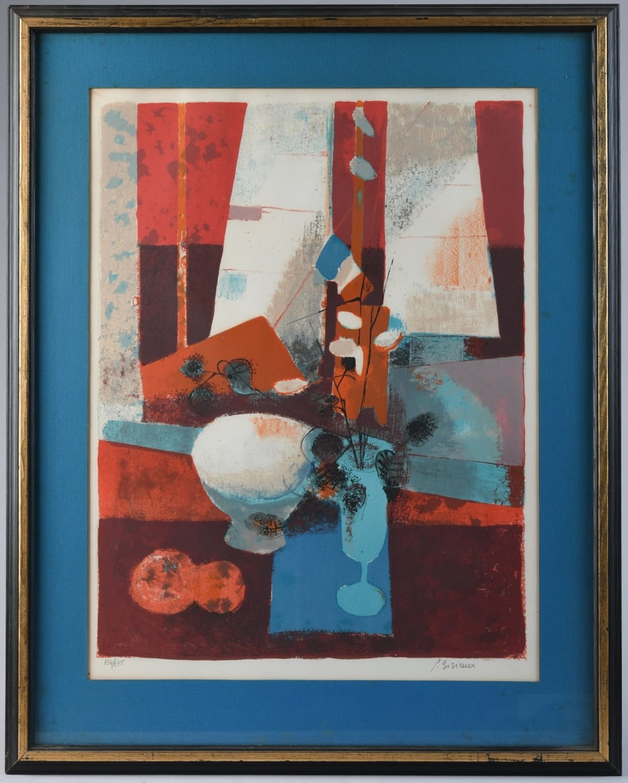 Pierre Bisiaux (French, b. 1924) Signed Lithograph: Abstract still life, color lithograph on paper, signed in pencil lower right and numbered 134/275 lower left, mid 20th century, geometric still life composition with vessel and fruit, with