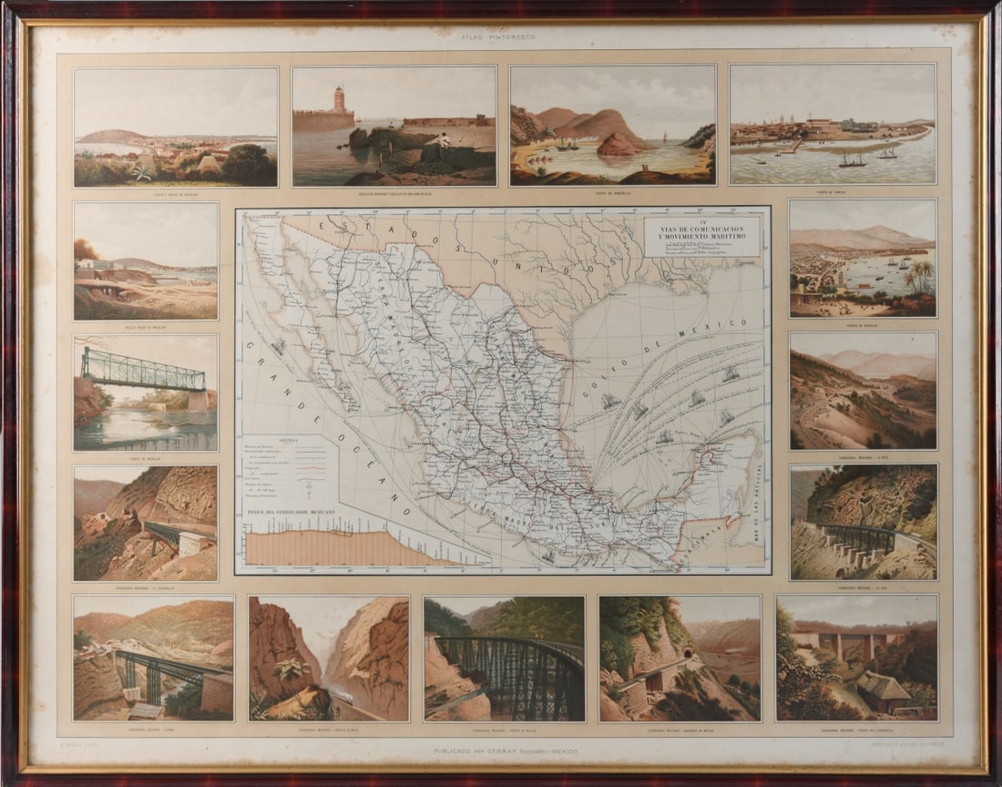 Late 19th C. Map of Mexico: Antonio García Cubas (Mexican, 1832–1912) Atlas Pintoresco: Vías de comunicación y movimiento marítimo. Color printed map (lithographic), published by Debray Sucesores, Mexico, circa