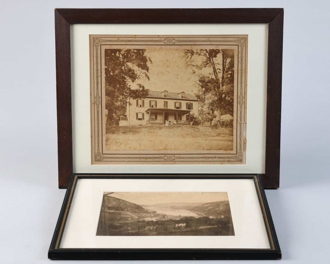 Two Antique American Photos: Both framed, one with "Harper's Ferry perhaps before 1900" to back of frame, the other with note identifying the scene as "Belmont", Glyndon, Worthington Valley, Baltimore County Maryland and family