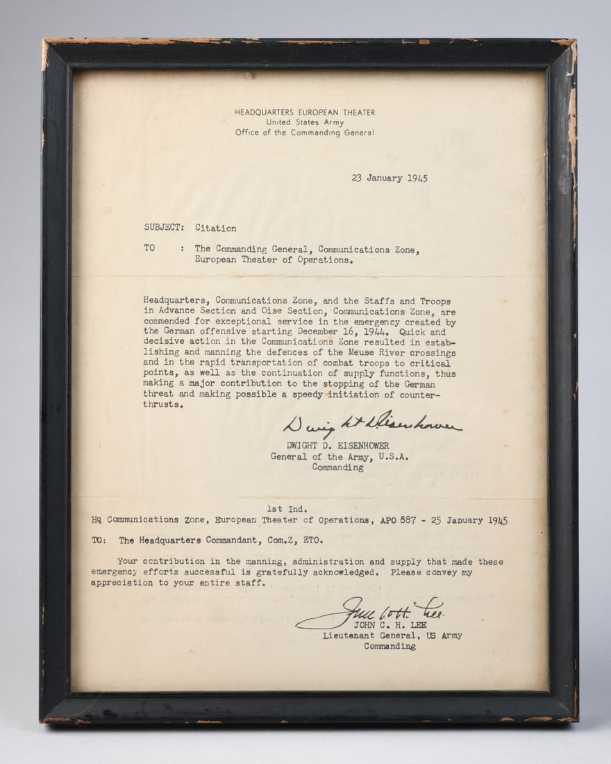 WWII Signed Eisenhower Bulge Citation: Typed military citation issued by Headquarters European Theater, United States Army, Office of the Commanding General, dated January 23, 1945, commending Headquarters, Communications Zone, European