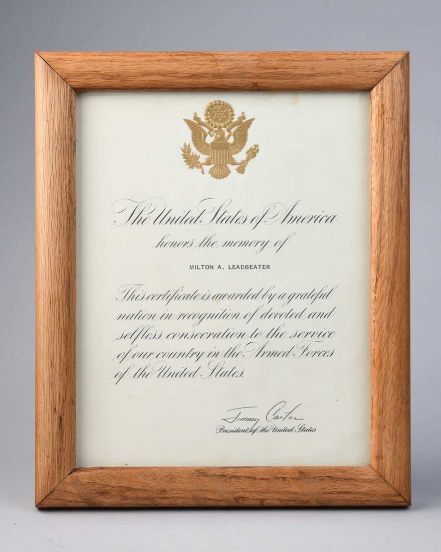Presidential Memorial Certificate, Carter Admin.: Printed calligraphic certificate honoring Milton A. Leadbeater, with gilt embossed Great Seal and facsimile signature of President Jimmy Carter, issued c. 1977–1981; standard U.S. government