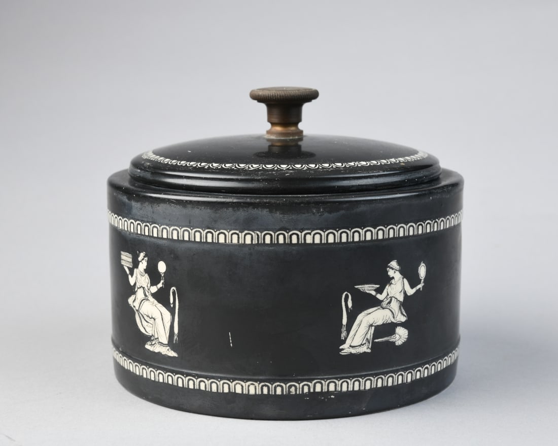 Early 20th C. English Tobacco Jar: F. & R. Pratt & Co. (Fenton, Staffordshire) "Old Greek" pattern, black ground earthenware with white neoclassical transfer printed figures, cream glazed interior, marked to underside of lid and base,