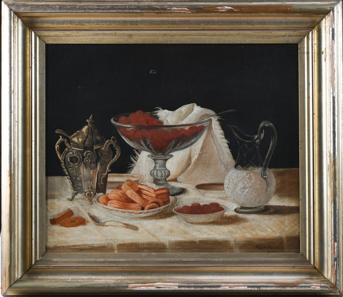 Abbie Martin (American) Oil on Canvas: Still life with raspberries, a silver tea service, and glassware on a draped table, oil on canvas, signed lower right “Abbie Martin” with indistinct date, framed. Hole to canvas, some damage