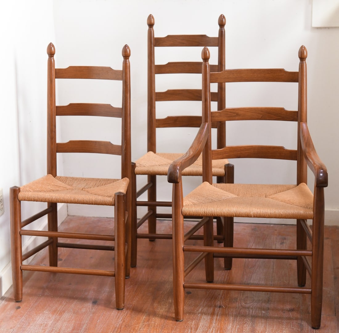Three Clore Furniture Ladder Back Chairs: Two side chairs ( of different heights) and one armchair, turned finials, shaped arms, and woven rush seats, produced by Clore Furniture, Madison County, Virginia, late 20th century. Tallest H: approx
