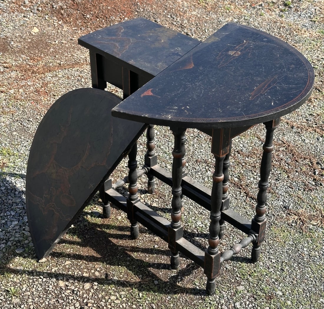 Early 20th C. Japanned Drop-Leaf Table: Rectangular top with two hinged demilune leaves (both detached / broken at the hinges), wear, losses and damage, in as-found condition. H: approx. 27". L: approx. 25 1/2". W (no leaves): approx. 10