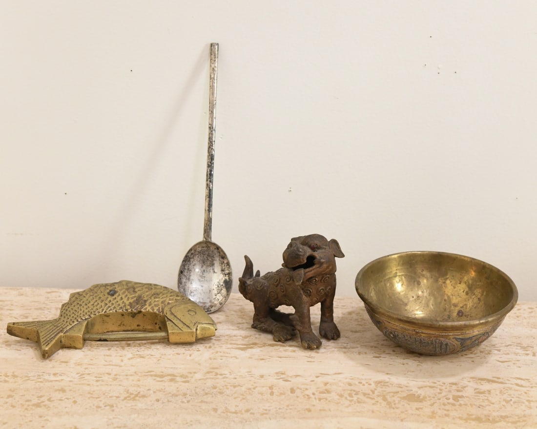 Mixed Lot: To include brass fish, foo dog, Japanese spoon, and Middle Eastern brass bowl, all 20th century, in as-found condition. Bowl H: approx. 1 3/4", Dia: approx. 4 7/8". Our primary recommendation is to ar