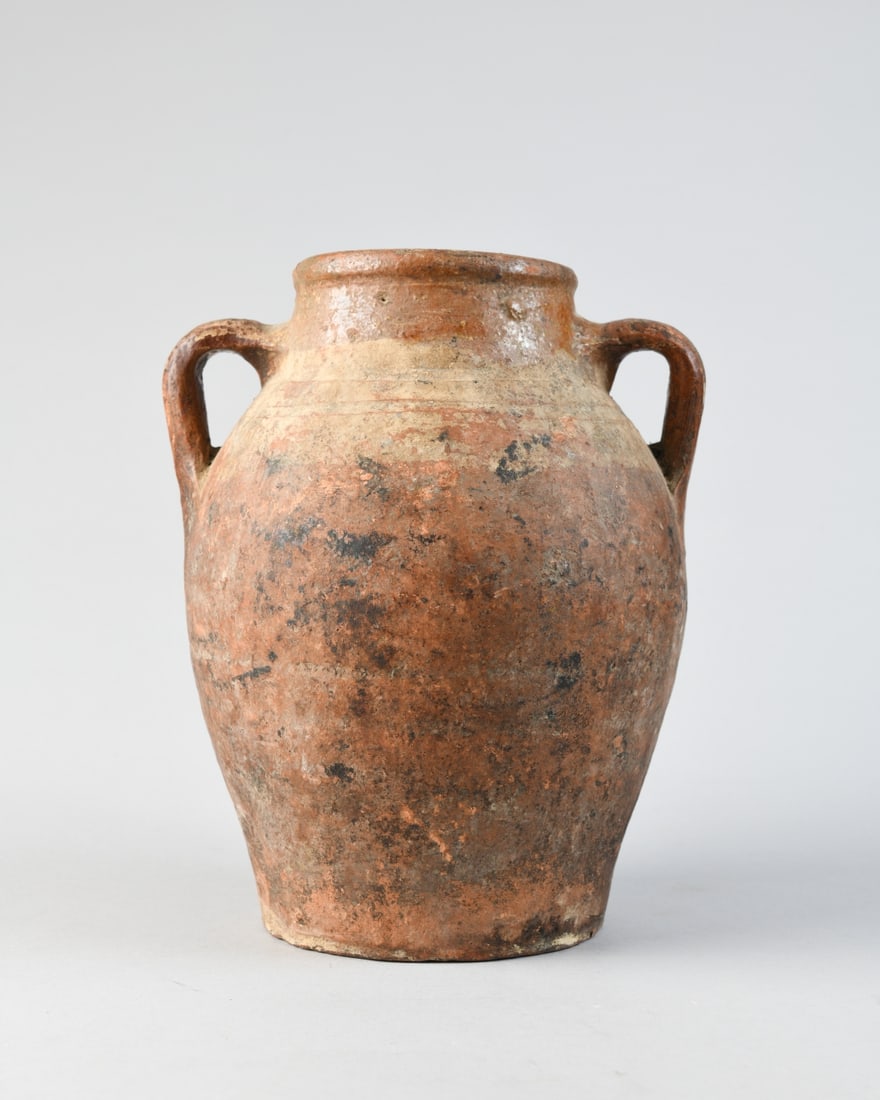 Antique Two-Handled Pottery Jar: Earthenware storage jar, wheel-thrown red clay, likely 19th century, utilitarian form with short collar neck, opposing loop handles, some surface wear, abrasions and firing imperfections. H: approx. 9