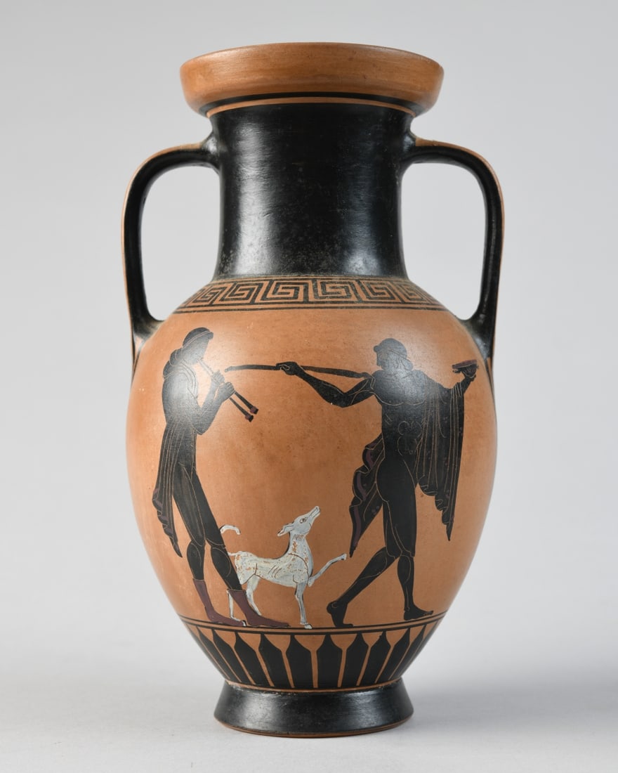 Greek Revival Style Amphora Vase: Black-figure decoration on terracotta ground, with twin loop handles and flared lip, chip to rim, inscribed in pencil “TERRACOTTA … 1967” to underside. H: approx. 8".Our primary