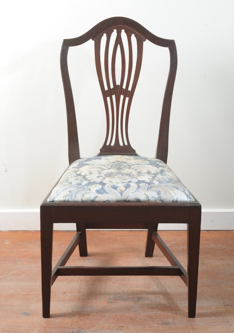 Antique English Hepplewhite Side Chair: Circa 1790s, mahogany, with shield shaped back, splat with radiating pierced slats beneath a curved crest rail, upholstered slip seat. H: approx. 37". W: approx. 20 1/4". D: approx. 17 1/2".Our