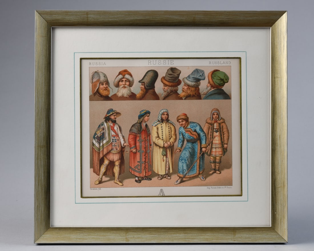 Framed Chromolithograph from Le Costume Historique: Plate from Le Costume Historique: “Russie / Russia / Russland,” late 19th century. Frame apporx 12" x 11". Sight approx. 7 1/2" x 6 1/2".Our primary recommendation is to arrange shipping