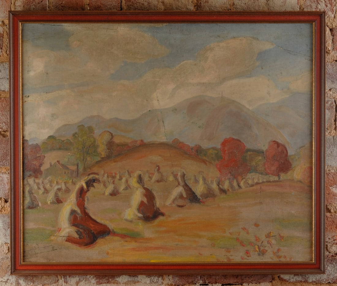Autumn Landscape with Haystacks, Oil on Board: Autumn landscape with haystacks, oil on canvas board. Early to mid 20th century. Unsigned. Frame approx. 25" x 21". Sight approx. 23" x 19". Our primary recommendation is to arrange shipping yourself