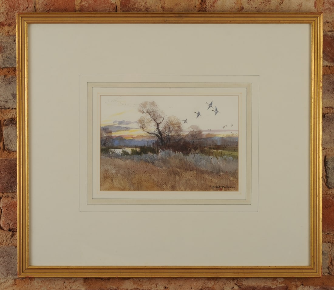 Roger Blum (b. 1950) Watercolor on Paper: Watercolor on paper by American artist Roger Blum (b. 1950) titled "Morning Light Pintails." Lable to verso states this work was "Painted from a hunt at the Sutter Buttes – Northern California." Sig