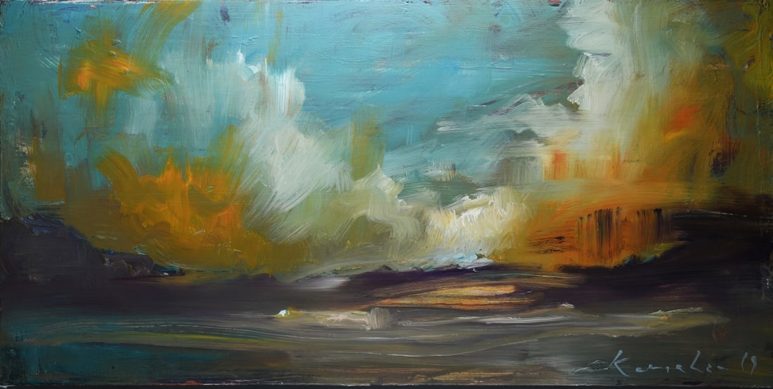 Contemporary Abstract Oil on Canvas: Contemporary abstract seascape, with impasto brush work, illegibly signed and dated lower right. Unframed. Dimensions approx. 48" x 24". Our primary recommendation is to arrange shipping yourself