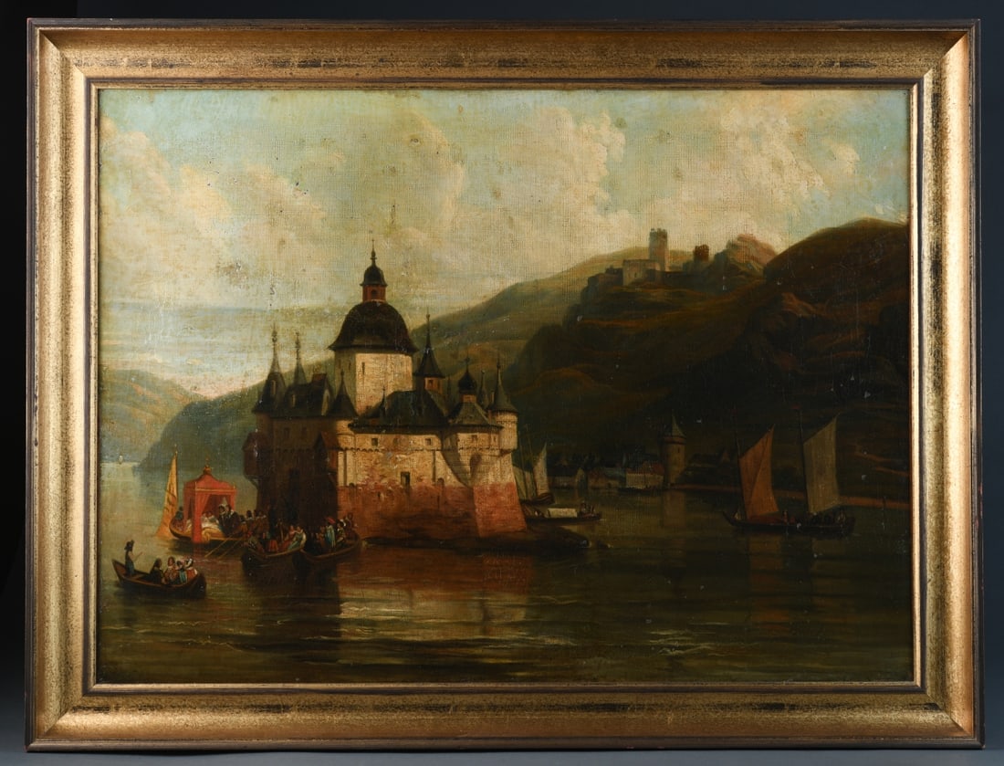 European School Oil on Canvas, Harbor Scene: Late 19th/early 20th century, harbor scene with a riverside castle and figures in boats, mountainous landscape beyond, unsigned, in later frame. Frame approx. 32 3/4" x 25". Sight approx. 28 1/4" x