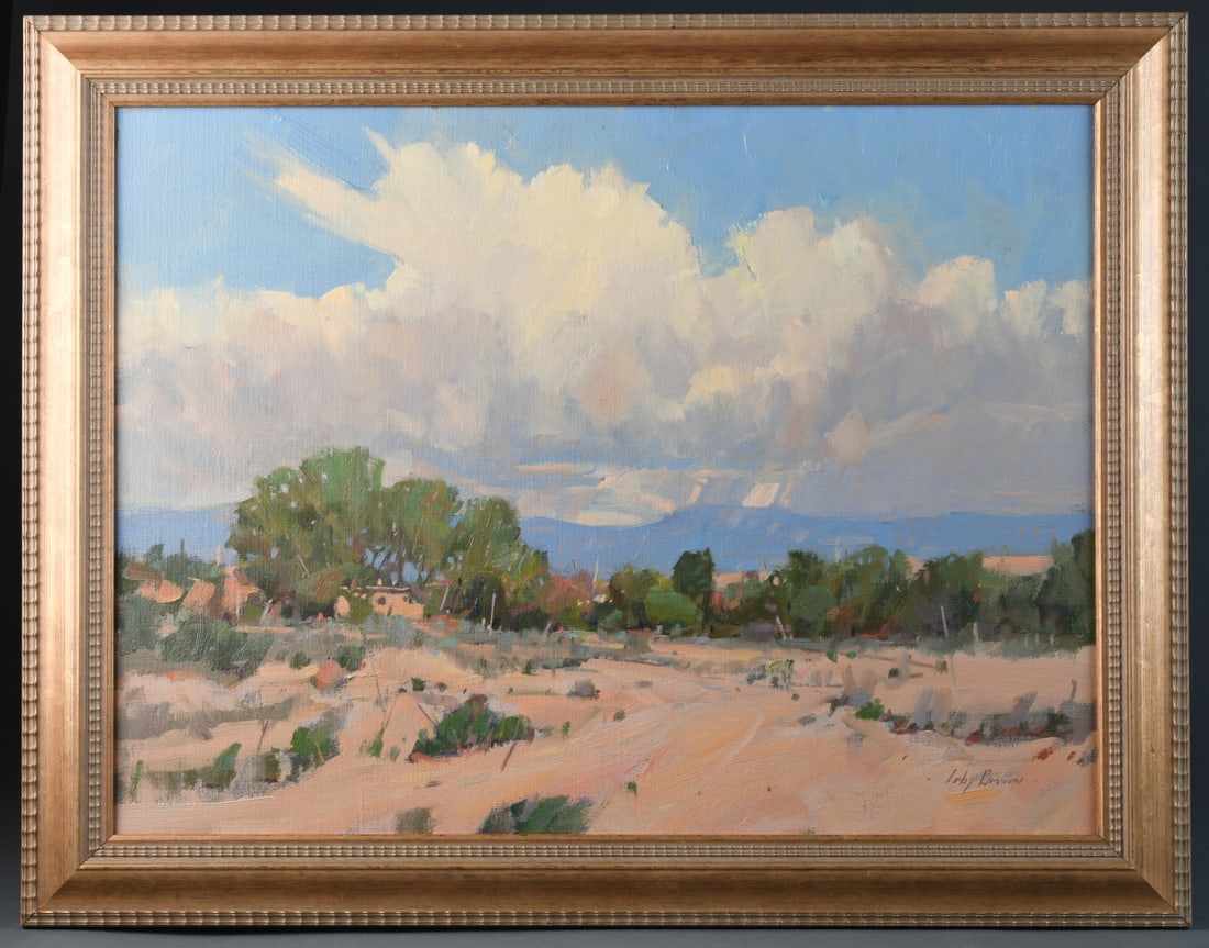 Irby Brown (American, 1928 - 2016): "Clouds Over the Jemez" oil on canvas, signed "Irby Brown" lower right; titled and signed verso, framed. A characteristic Southwestern landscape depicting the Jemez Mountains of northern New Mexico