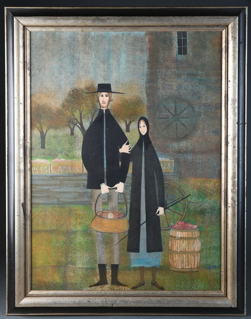 P. Buckley Moss (American, 1933–2024): Amish couple with apples, oil on board, circa 1970s, depicting a man and woman in traditional dress holding baskets of apples before a stylized rural landscape with trees and wagon wheel, rendered in