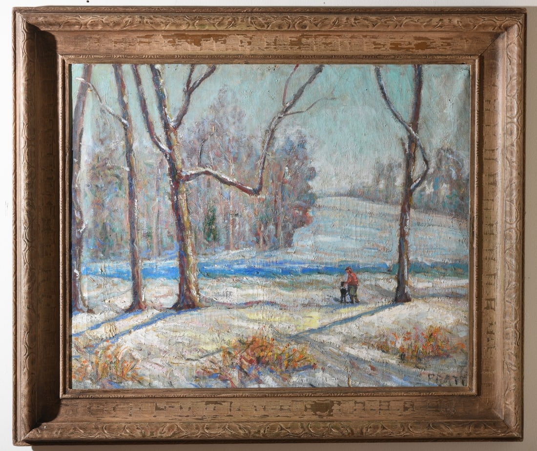 Samuel Baldwin Pratt (Virginia, 1903–1999): Winter landscape with figures, oil on canvas, signed lower right, mid 20th century, depicting two figures walking through a snow covered landscape with bare trees and a reflective body of water