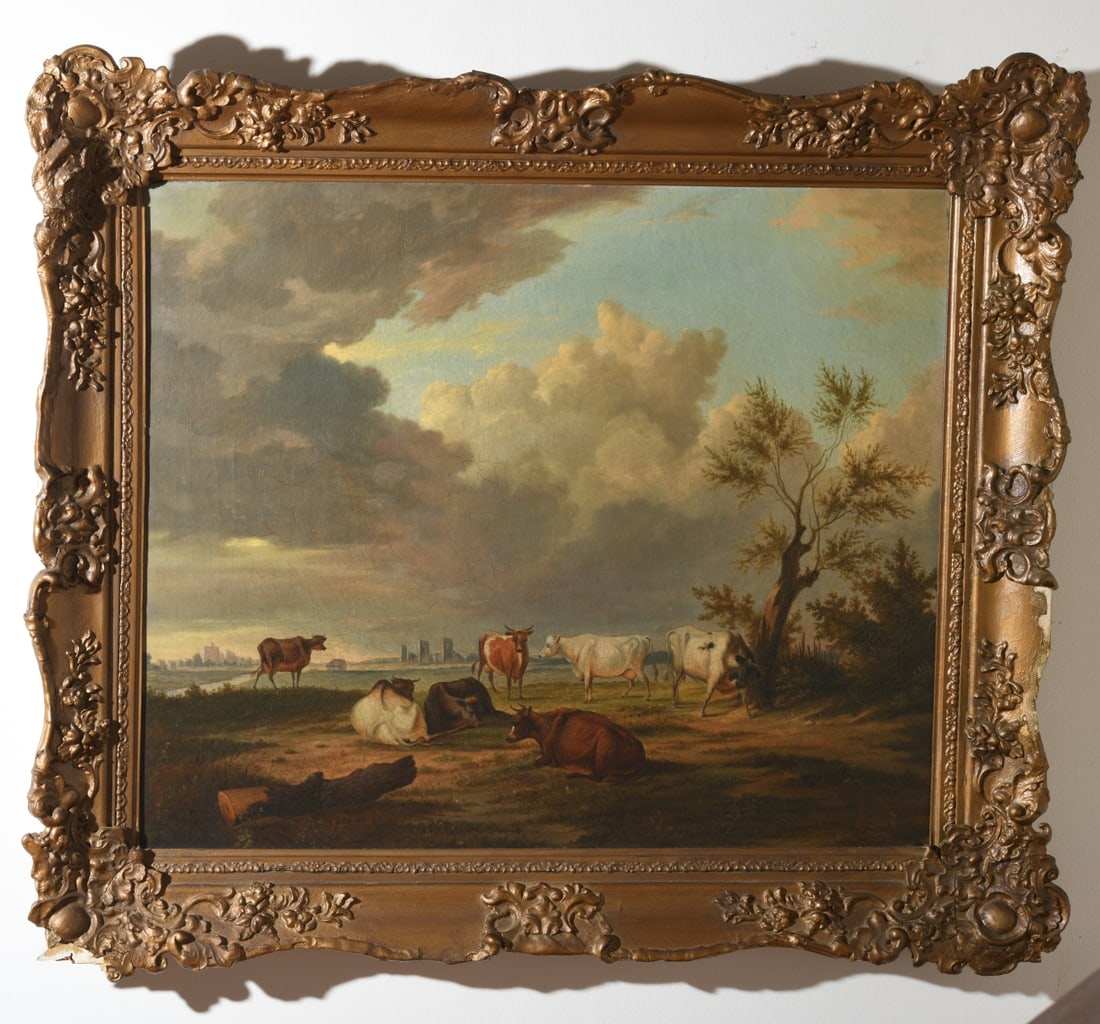 L. 19th/E. 20th C. Oil on Canvas, Pastoral Scene: Featuring cows at rest with ruins in background, unsigned, all over craquelure, in gilt frame, some damage and losses to frame. Sight approx. 29 1/4" x 24 1/2". Frame approx. 38" x 33 3/4". Our