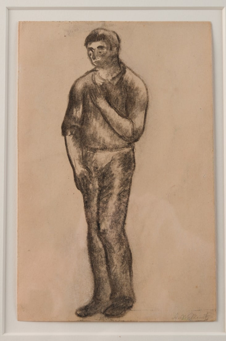 Abraham Walkowitz (American, 1878–1965): Standing male figure study, graphite on paper, signed in pencil lower right “A. Walkowitz,” circa 1905. Depicts a full length standing man rendered with expressive, early modernist line and