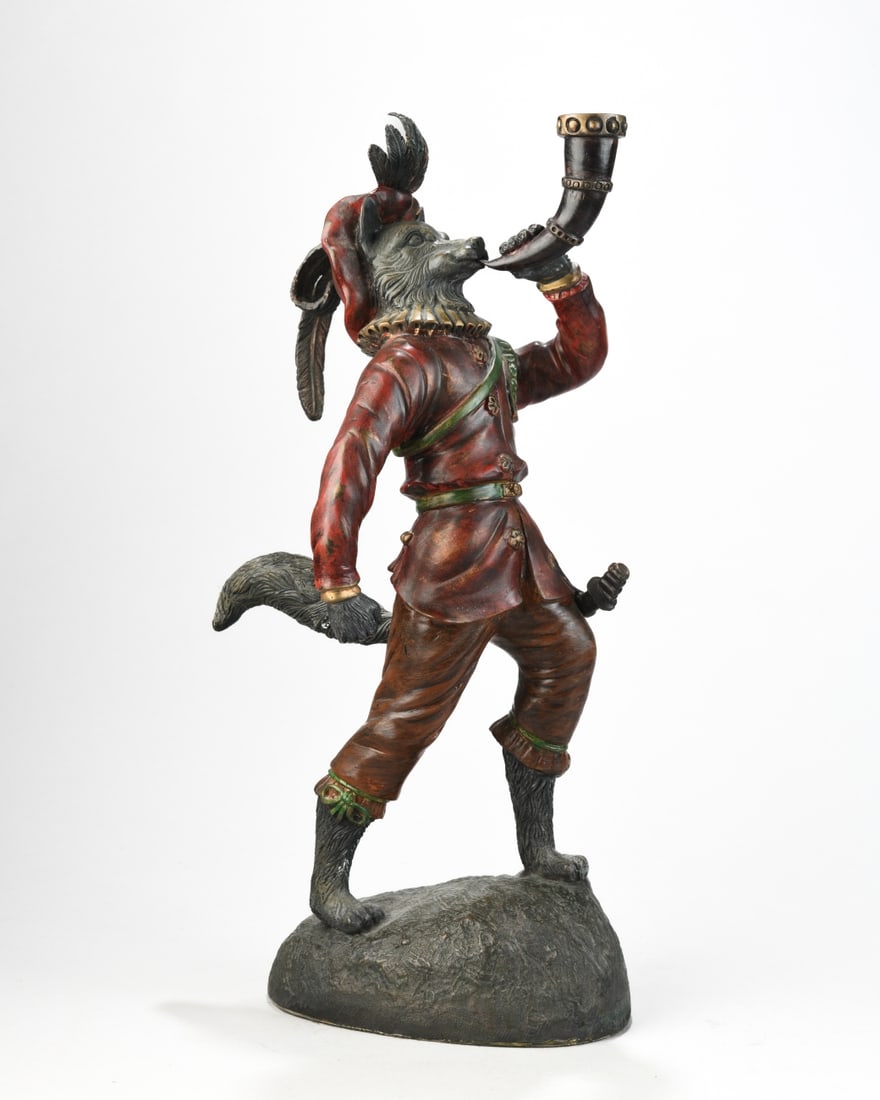 20th C. Painted Metal Fox Figure: Hollow-cast metal sculpture modeled as a standing fox with painted surface, no visible maker's marks, scattered paint loss and minor abrasions. Dimensions approx. 17 3/8" x 9 1/2" x 6". Our primary