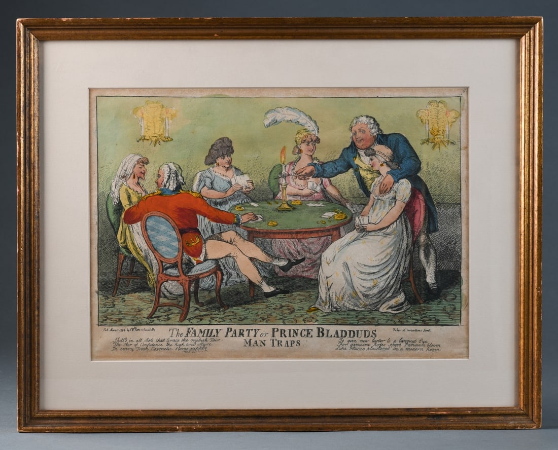 English Satirical Print, 1799: The Family Party or Prince Bladduds Man Traps, hand-colored etching on paper, published May 11, 1799 by S.W. Fores, Piccadilly, satirical scene of fashionable figures gathered at a gaming table with a