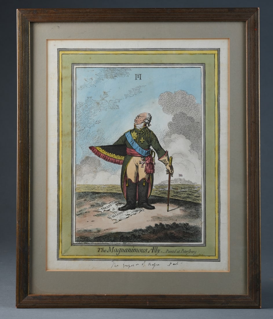 James Gillray Hand-Colored Etching: The Magnanimous Ally, hand-colored etching on paper, published January 20, 1801 by Hannah Humphrey, London; satirical depiction of Tsar Paul I of Russia amid the collapse of the anti-Napoleon coalitio