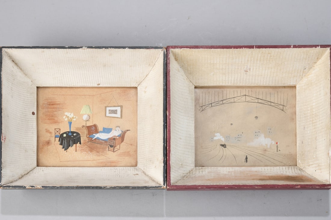 Two Mid 20th Century Gouache Works on Paper: One interior scene with a reclining figure and furnishings, the other depicting a railway yard with locomotive beneath an arched structure, both unsigned, rendered in a stylized, illustrative manner