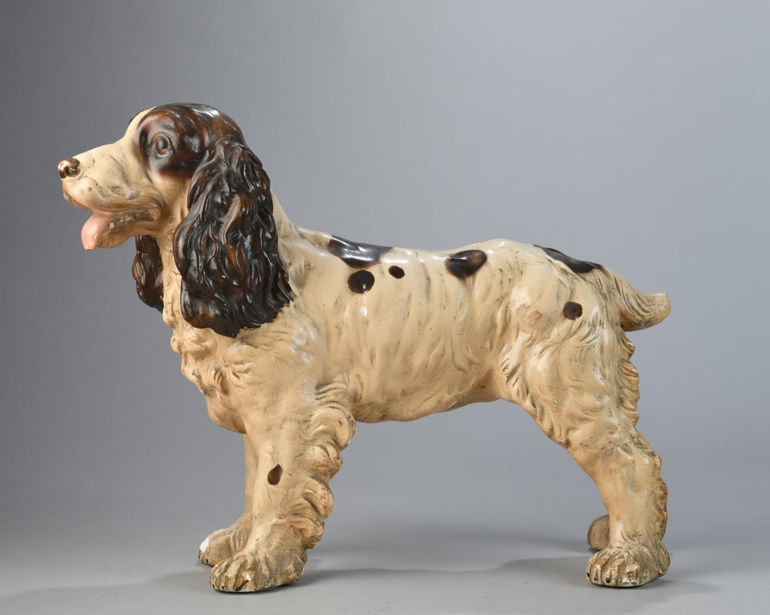 Large Vintage Painted Spaniel Figure: Heavy cast figure, likely plaster or chalkware, 20th century, modeled as a standing spaniel with polychrome decoration, unsigned, scattered chips, paint wear, scuffs, and small losses throughout.Dimen