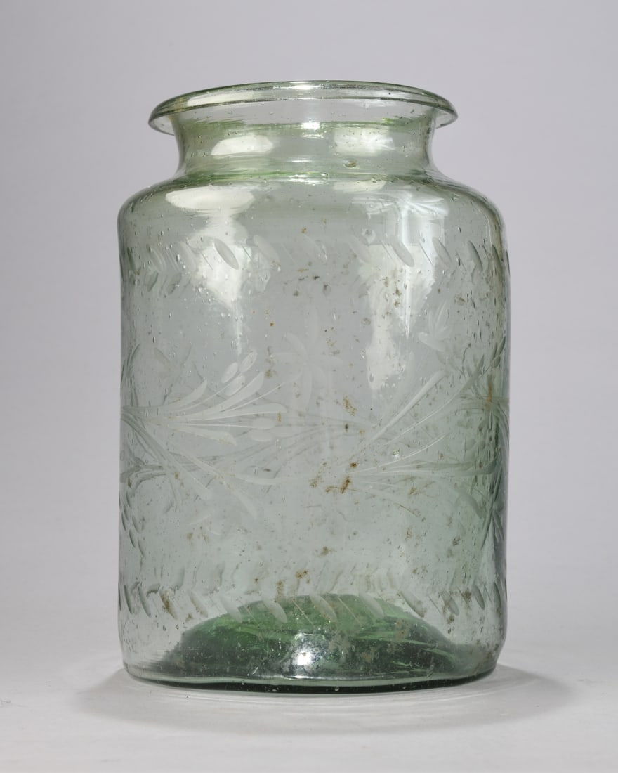 Antique Etched Glass Vase: Pale green hand-blown glass with rolled rim and pontil scar to base, decorated with floral and foliate bands, late 19th to early 20th century. Numerous air bubbles and inclusions, scattered surface