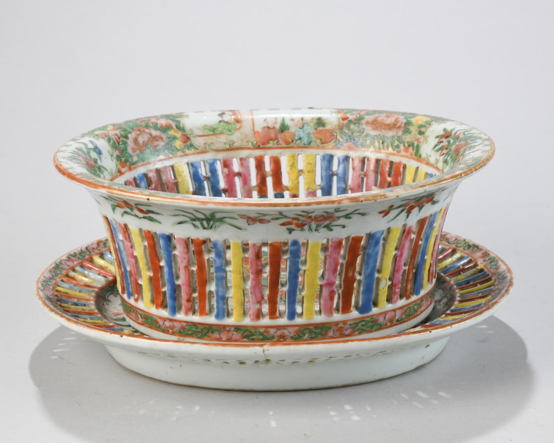 Chinese Export Basket Dish with Underplate: Two-piece porcelain service comprising a pierced (reticulated) basket-form dish and conforming underplate, Canton (Guangzhou), mid–19th century, decorated in famille rose enamels and gilt with alter