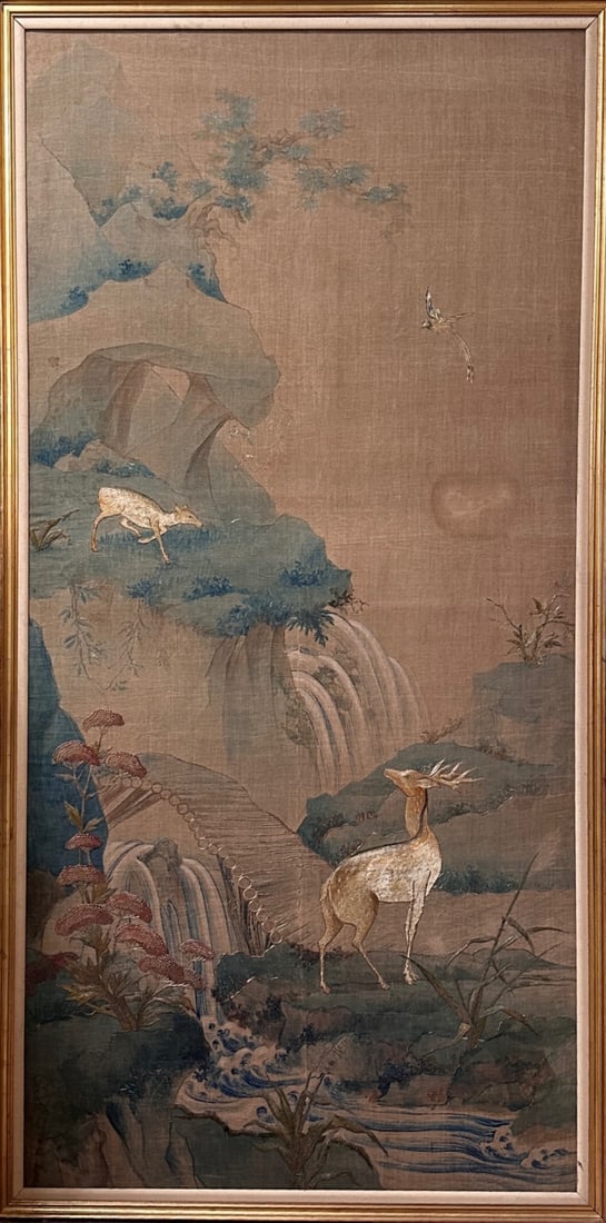 Monumental Japanese Silk Embroidery: Monumental Japanese Silk Embroidery over Watercolor, Meiji Period (1868–1912). Large framed work depicting a stag and doe in a landscape with cascading waterfalls, rockwork, and a flying bird, the e