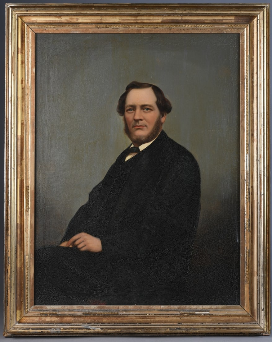 Antique Oil on Canvas, Portrait of a Gentleman: Late 19th/early 20th century. Paint shows craquelure, tear to right side of canvas taped to verso, unsigned, framed, some damage and losses to frame. Frame approx. 28" x 22 1/4". Sight approx. 22