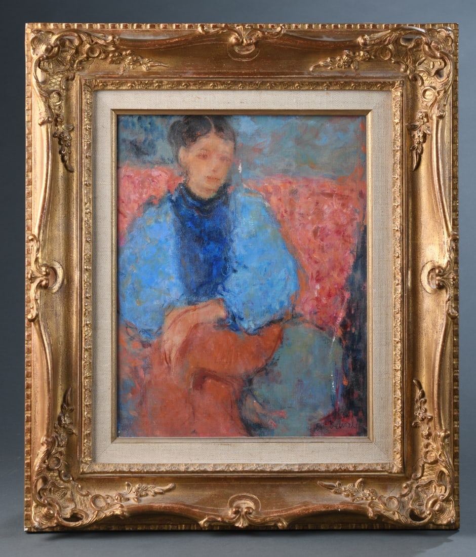 Robert Delval (French, b. 1934): "Catherine in a Blue Blouse," oil on canvas, signed lower right, signed and titled to verso, framed. Some paint loss near sitter's face, scratch / paint loss on right side. Frame approx. 21" x 18". Si