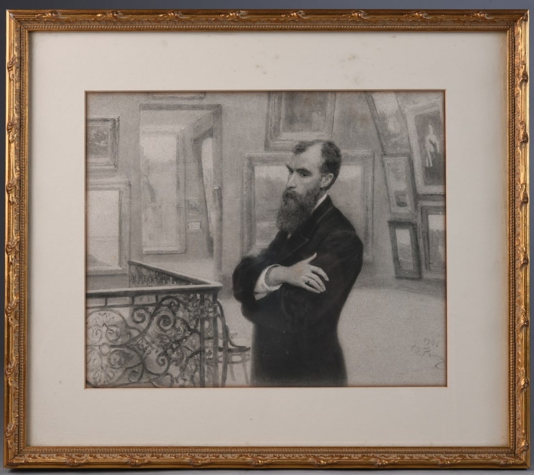 After Ilya Repin (Russian, 1844-1930): Portrait of Pavel Mikhaylovich Tretyakov, lithograph, signed and dated 1908 in the image, after the artist's 1901 oil portrait of the founder of the Tretyakov Gallery, matted and framed. Frame approx