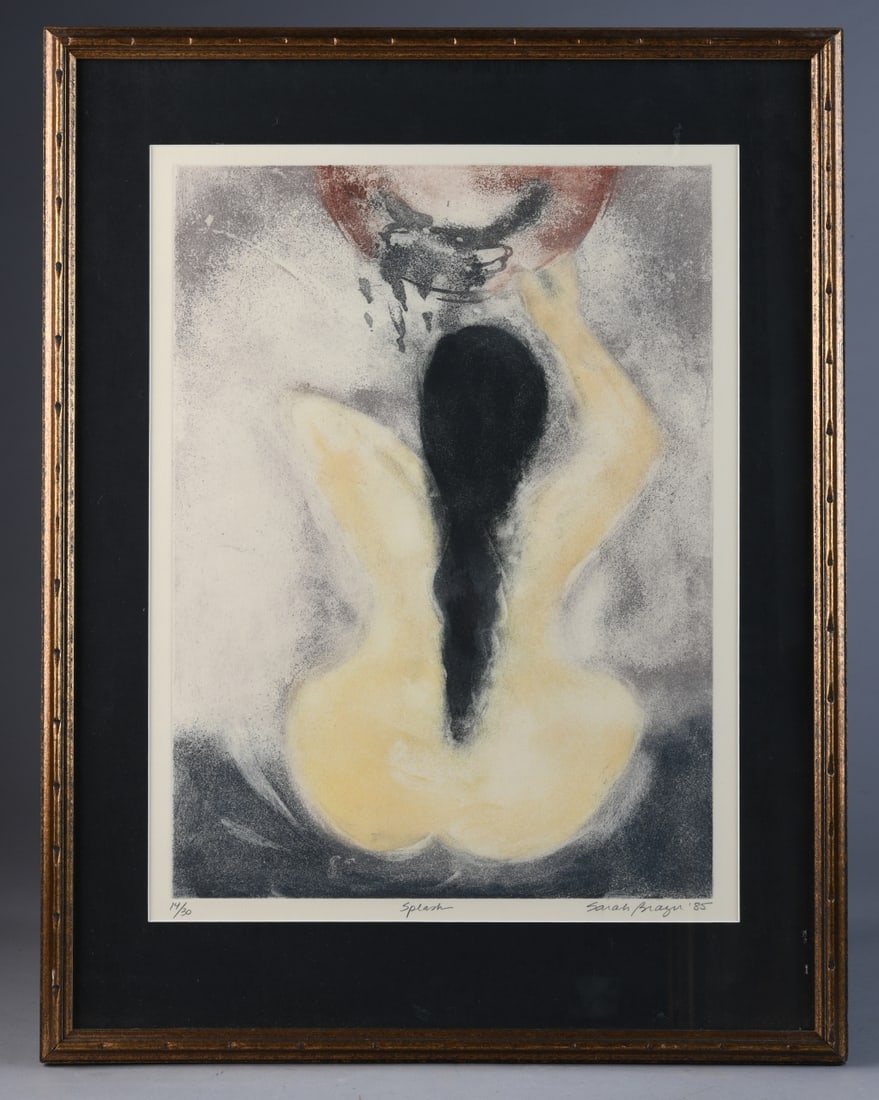 Sarah Brayer (b. 1957) "Splash": Limited edition aquatint by Kyoto, Japan-based American artist Sarah Brayer, on Somerset paper, pencil signed and dated (19)85 lower right, titled lower center, numbered 14/30 lower left, matted and