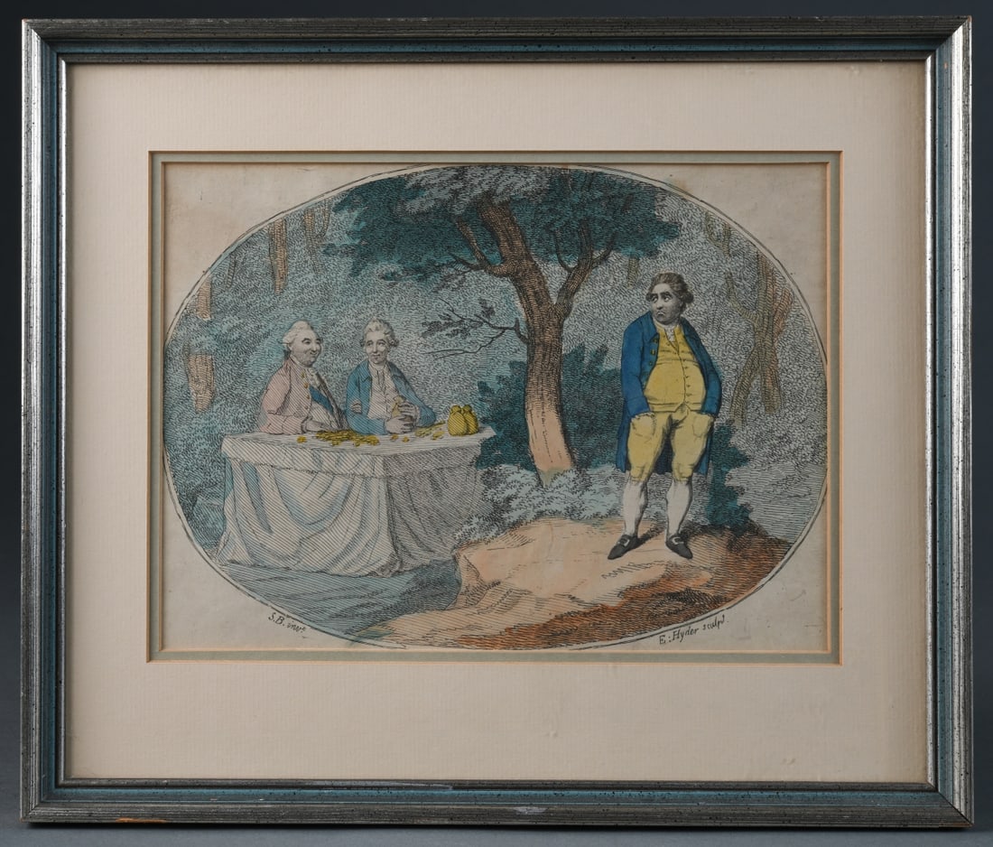 19th C. English Saterical Engraving: val format, depicting three gentlemen in a wooded setting with coins at table; inscribed in plate “S.B. invt.” (designer unidentified) and “E. Hyder sculp.” Frame approx. 13 1/4" x 11