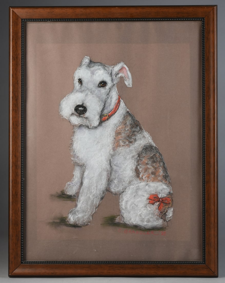 Pastel on Paper of a Terrier, C. Chandler: Portrait of a seated terrier, pastel on paper, signed lower right “C. Chandler ’86,” depicting a white and brown dog with cropped coat and red collar against a neutral ground, framed. .Frame