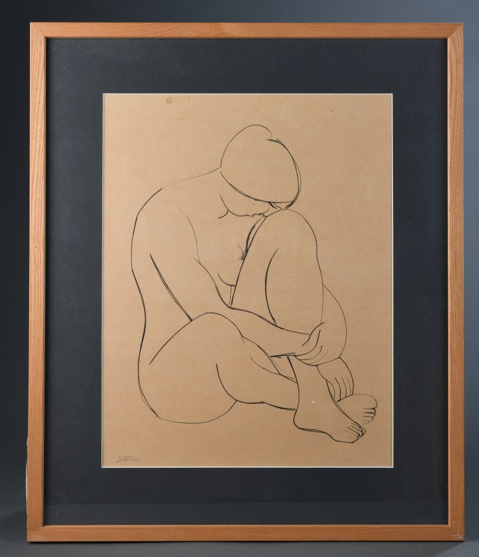 Maurice Sterne (American, 1878–1957) Ink on Paper: Seated nude, signed lower left, estate stamp to back of sheet, a spare linear figure study of a seated female nude rendered in confident contour lines, matted and framed. Frame approx. 25" x 21". Sigh