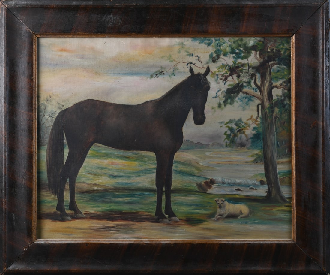20th C. Oil on Canvas Horse & Terrier in Landscape: Unsigned, framed, loose / unseated from frame.Frame approx. 25 1/4" x 21 1/2". Sight approx. 19 1/2" x 15 1/2". Our primary recommendation is to arrange shipping yourself using Blue Ridge Pack &