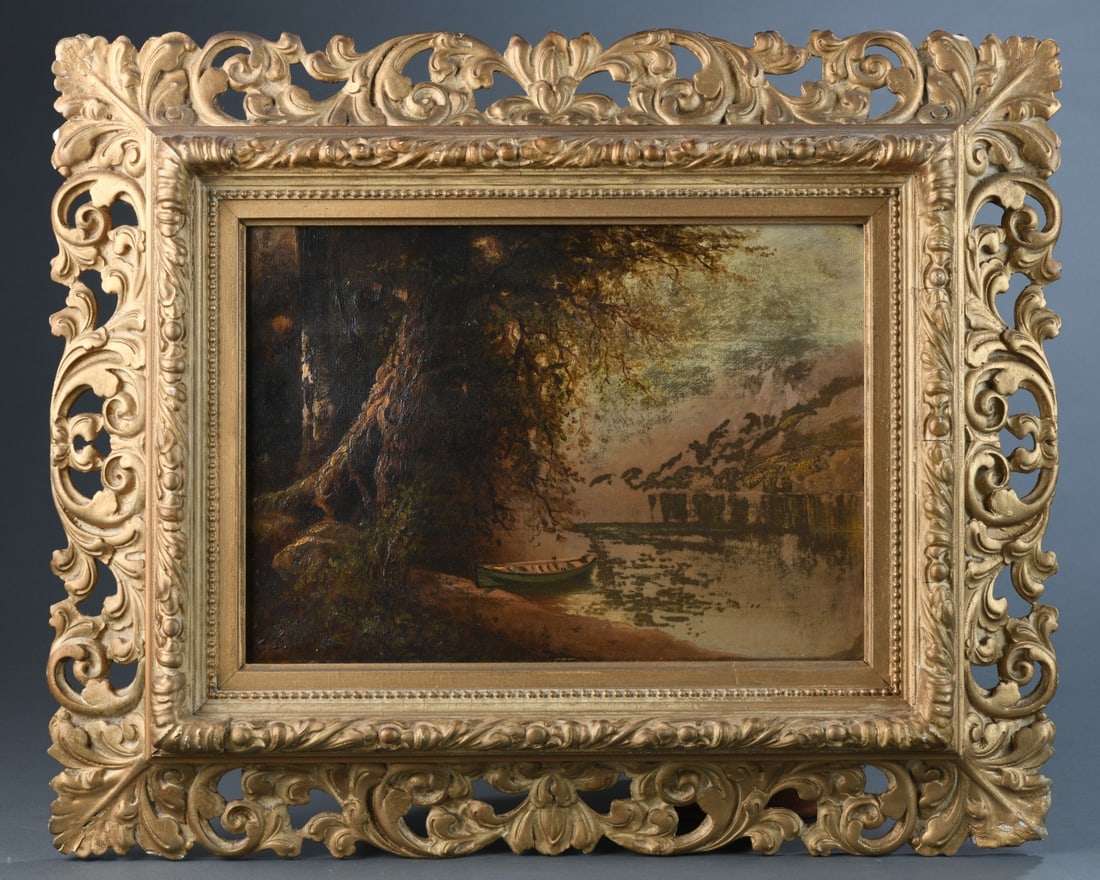 Oil on Canvas Riverside Scene: River landscape with rowboat, late 19th / early 20th century, signed indistinctly lower left, possibly C.D.M(?)., in gilt frame. Frame approx. 22 1/4" x 18". Sight approx. 13 1/2" x 9 1/2". Our primar