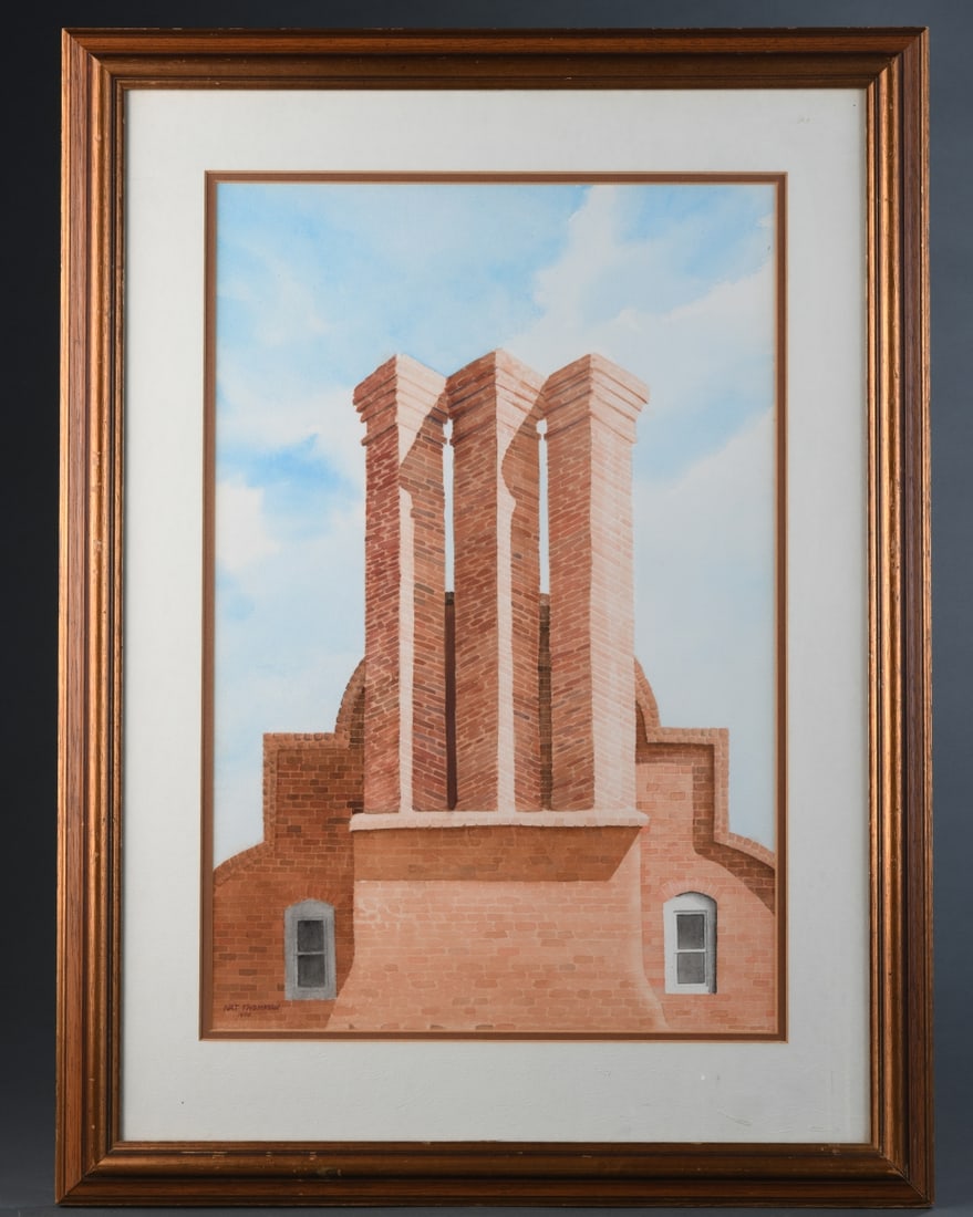 Stylized Architectural Watercolor 1976: Nat Thompson, architectural study, watercolor on paper, signed and dated 1976 lower left. Depicting a stylized view of the chimneys of Bacon’s Castle, Virginia. Frame approx. 29 3/4" x 22". Sight ap