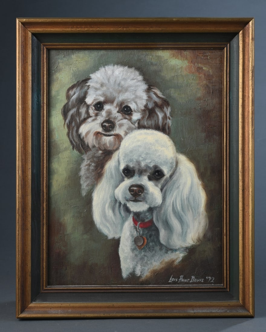 Oil on Canvas-Panel, Portrait of two Dogs: Signed and dated Lois Anne Davis '72 lower right, depicting two small breed dogs, one wearing a red collar with tag. Painted on a Gimbels Artists Materials canvas panel Frame approx. 19 1/4" x 15 1/4"