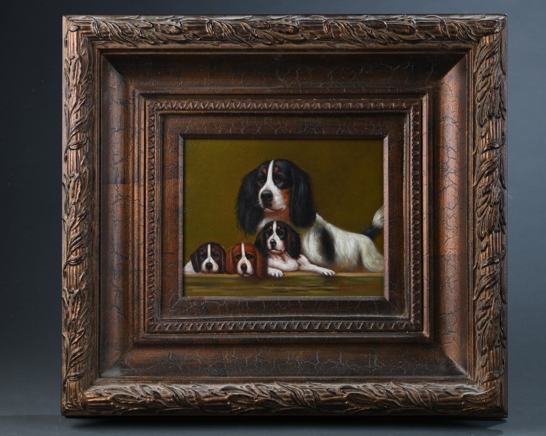Signed Oil on Canvas, Spaniel & Three Puppies: 20th century, spaniel with three puppies oil on canvas, signed lower right "Derrick" (or similar). Sentimental composition of an adult tricolor King Charles Spaniel reclining with three puppies, two t