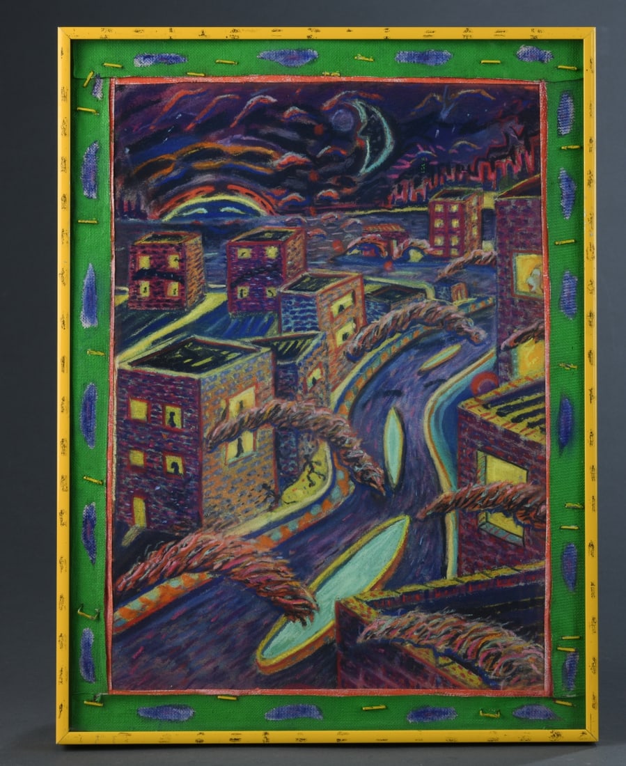 Wayne Paige (American, b. 1944) Mixed Media/Pastel: Surreal urban nightscape titled Sky Brows, mixed media and pastel on canvas panel, dated 1984/85 on the verso and with Gallery K label (Washington, D.C.), depicts a vividly colored, dreamlike city wit