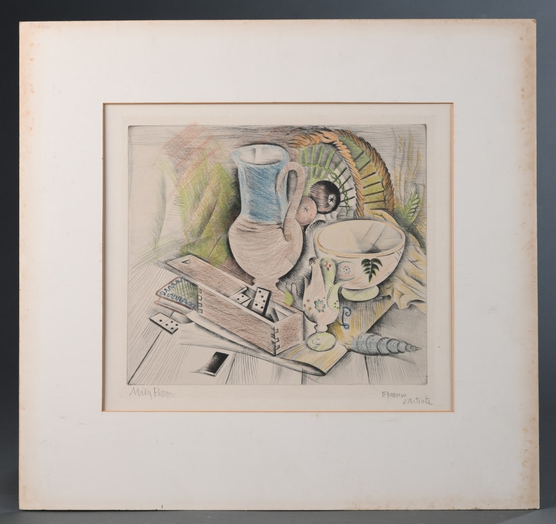 Mily Possoz (Portuguese, 1888–1967) Etching: Table Top Still Life, hand-colored drypoint etching on paper, signed in pencil lower left and inscribed “épreuve d’artiste” lower right; likely 20th century. Matted, unframed. Mat approx. 1