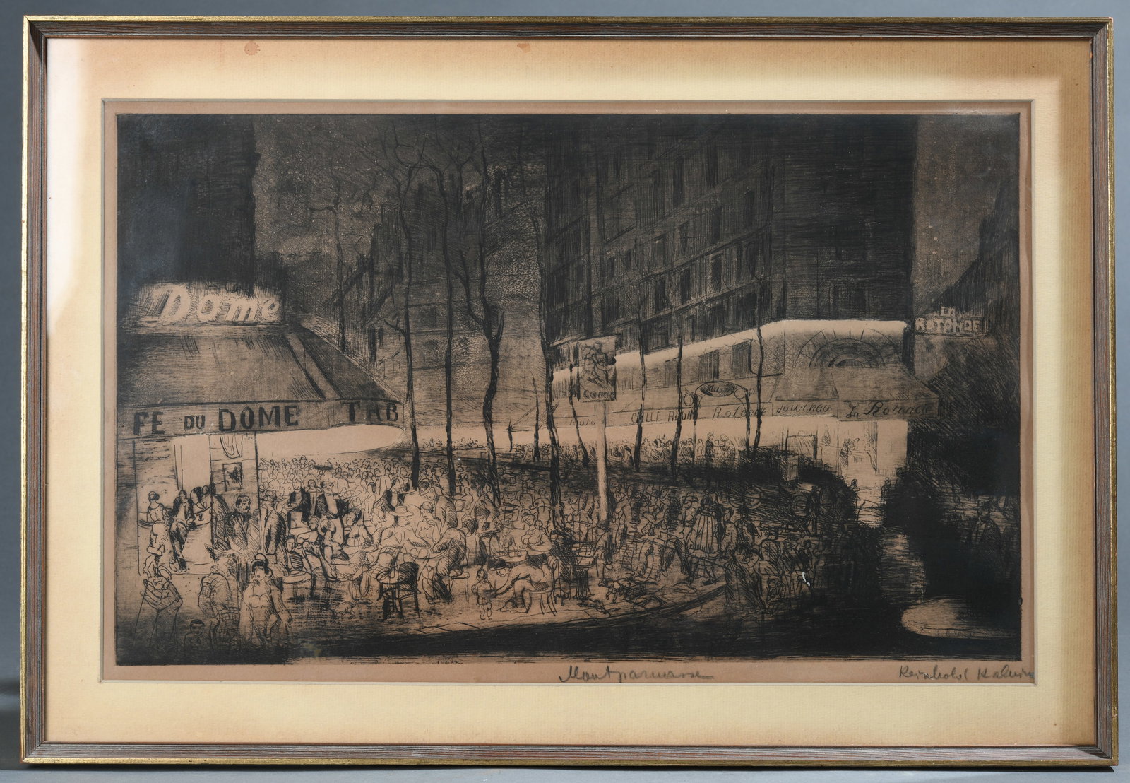 Reinhold Kalnins (Estonian, 1897–1968) Etching: Depicting the Carrefour Vavin in Montparnasse, with the Café du Dôme at left and La Rotonde at right, their illuminated signage visible above dense crowds gathered at outdoor tables beneath bare win